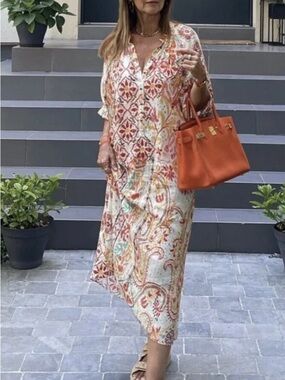 Zara Floral Paisley Midi Dress in White, Orange and Red